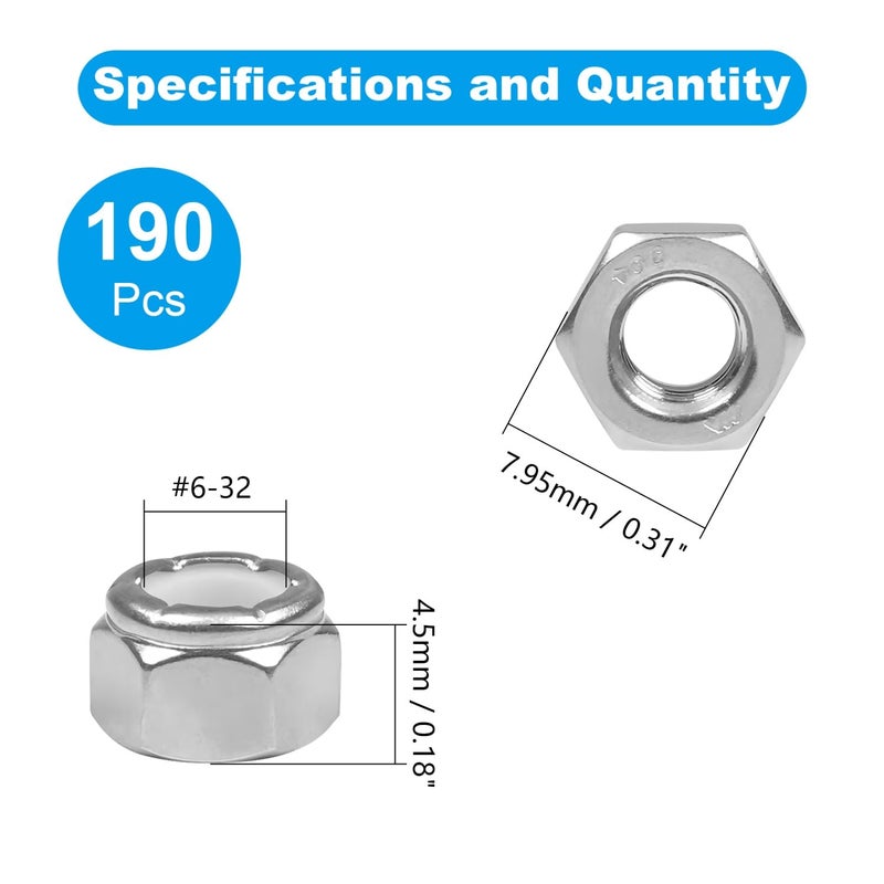 Yinpecly 190PCS #6-32 Nylon Insert Hex Lock Nuts,304 Stainless Steel Locknuts,Hex Drive,Coarse Thread,Self-Locking Nuts for Industrial Construction Fasteners - Image 2